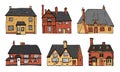 Old english village vector sketch hand drawn color illustration. Set of cartoon outline houses facades